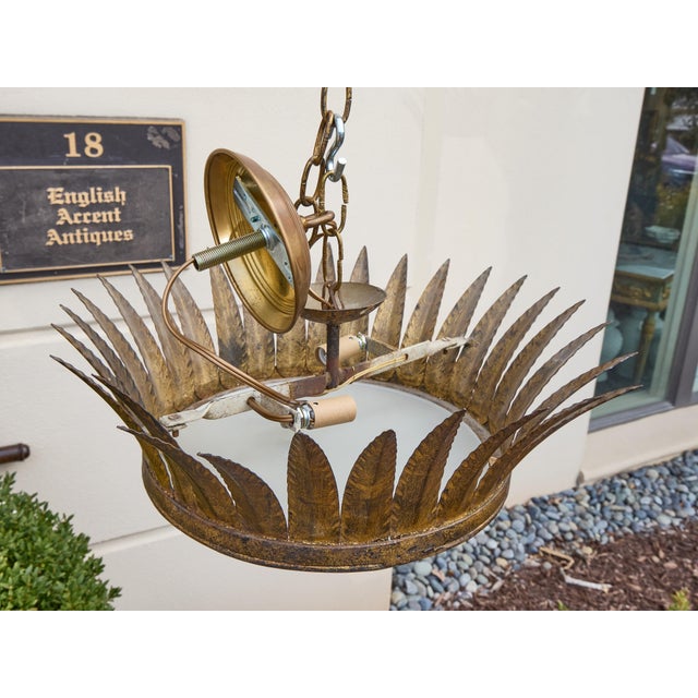 Mid 20th Century Mid 20th Century Spanish Gilt Metal Crown Chandelier with Frosted Glass Diffuser For Sale - Image 5 of 7