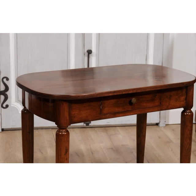 Brown Italian Walnut 1890s Side Table with Oval Top, One Drawer and Cylindrical Legs For Sale - Image 8 of 12