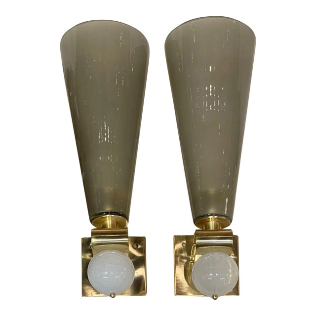 Pair of Modern Murano Glass and Brass Cone Form Sconces For Sale
