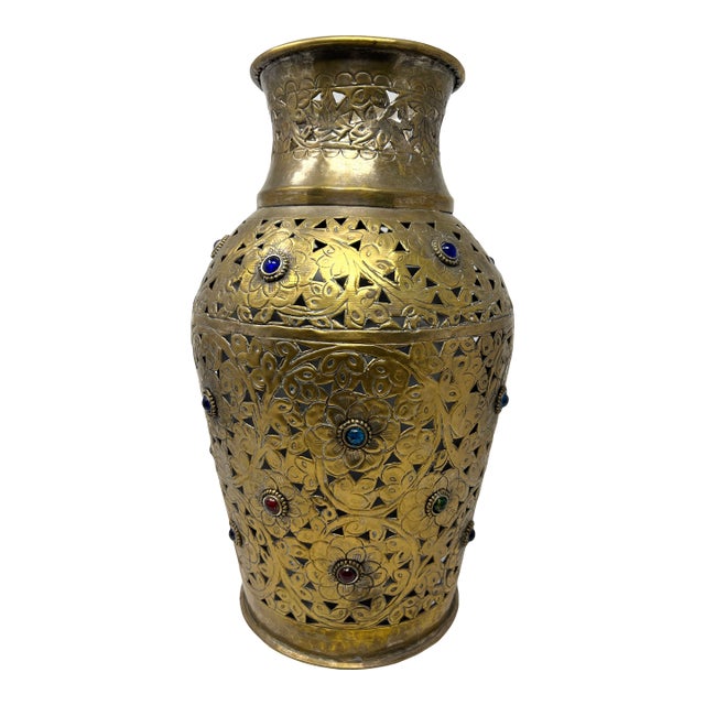 Vintage Indian Pierced Brass Lantern Vase W/ Colored Glass Cabochons – Moorish Boho Decor 16.5” For Sale