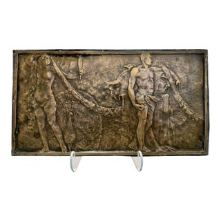 Vintage Art Nouveau Style Bronze Relief Plaque Nude Figures With Peacock For Sale