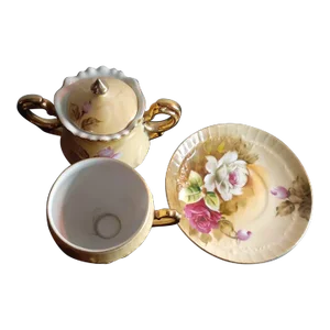 1950s Lefton Fine Porcelain Hand-Painted Creamer, Sugar Bowl & Saucer Set- 3 Pieces