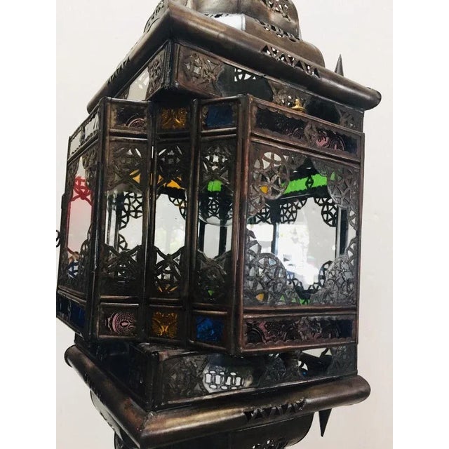 Moroccan Hall Lantern Light Fixture With Multi-Color Glass Moorish Style For Sale - Image 10 of 13