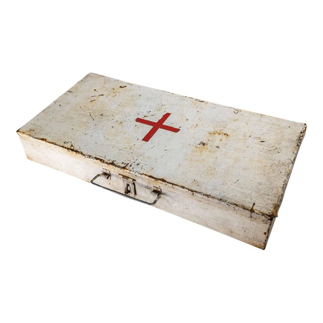 20th Century White Painted Metal First Aid Kit Box With Red Cross For Sale