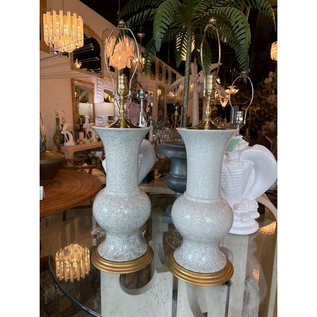 Metal Vintage Palm Beach Crackle Glaze Porcelain & Brass Table Lamps Newly Wired - a Pair For Sale - Image 7 of 12