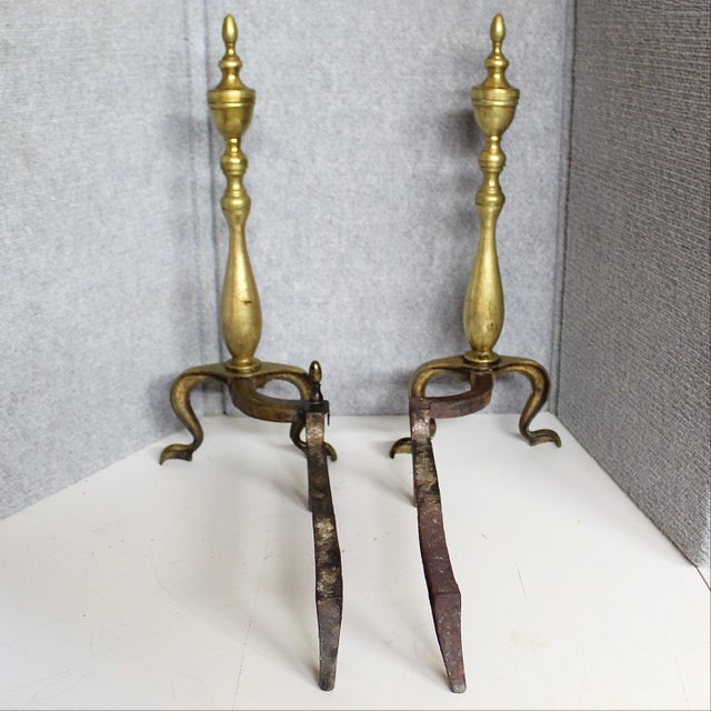 English Vintage Brass Federal Style Fireplace Andirons For Sale - Image 3 of 7