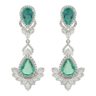 4.23 Ct Emerald and Diamond Wedding Earrings Set in 14k White Gold - 2 Pieces For Sale