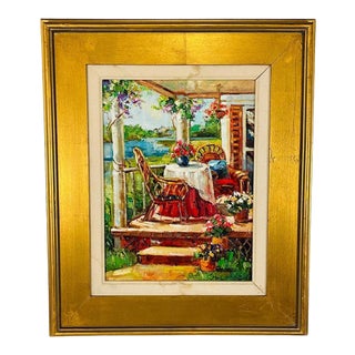 Vintage Oil on Canvas Painting of a Home Porch Signed by Artist in Gilt Frame For Sale