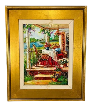 Vintage Oil on Canvas Painting of a Home Porch Signed by Artist in Gilt Frame