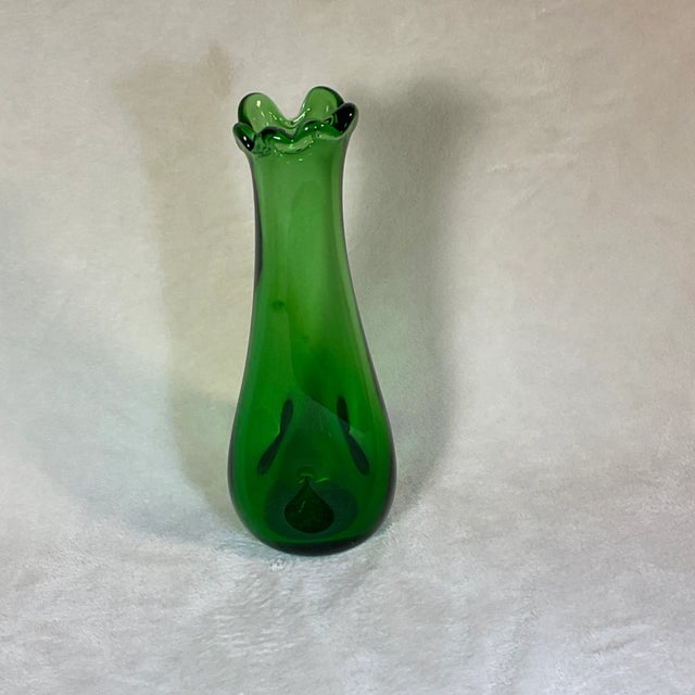 Mid-Century Modern Vintage MCM Handmade Green Swung Dimple Vase Glass Art For Sale - Image 3 of 12