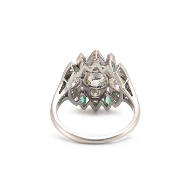 Early 20th Century Antique Art Deco Platinum CTW Old Cut Diamond & Emerald Dinner Cocktail Ring, Size 8 For Sale - Image 5 of 9