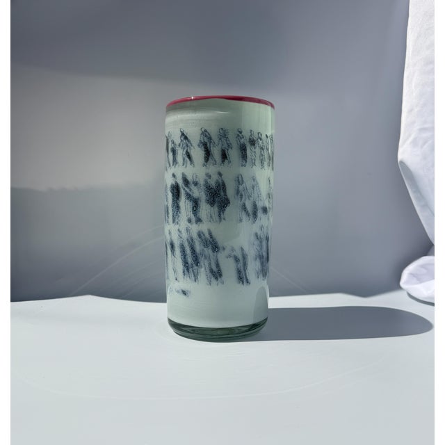 Unique Art Glass Vase With Graal Technique Drawings and Pink Rim For Sale - Image 11 of 14