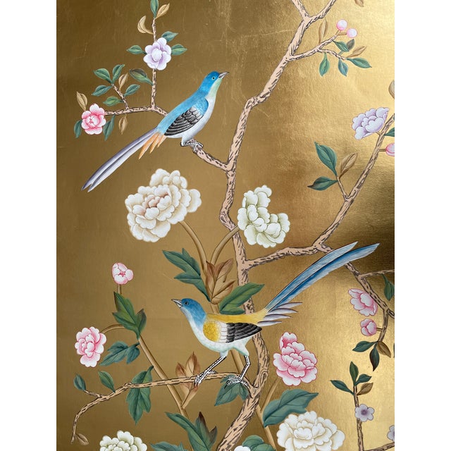 Gold Leaf Chinoiserie Hand-Painted Wall Panels With Birds, Peonies & Dachshund (Set of 3) For Sale - Image 6 of 6