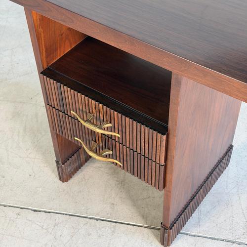 Mid-Century Italian Walnut Vanity Console with Brass Legs and Circular Mirror, 1950s For Sale - Image 9 of 17