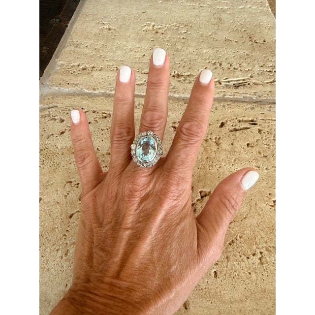 1930s Art Deco Platinum Aquamarine Diamond Halo Ring, 10 Ct, Size 8 For Sale In Miami - Image 6 of 14