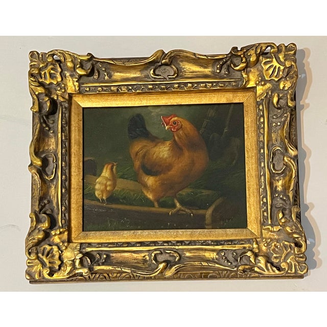 Mid 20th Century Brown Rooster Painting in Ornate Gold Frame For Sale In West Palm - Image 6 of 12