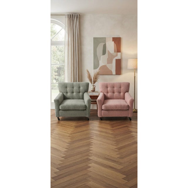 Mid-Century Modern Mid-Century Hungarian Lounge Chairs in Sage Green and Dusty Pink Bouclé with Casters, Set of 2 For Sale - Image 3 of 5