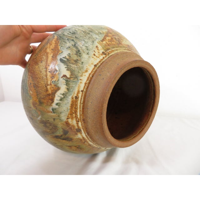 Vintage Eugene Johnson 12" Studio Art Pottery Spherical Vase ~ Drip Glaze Stoneware Planter Pot For Sale - Image 14 of 15