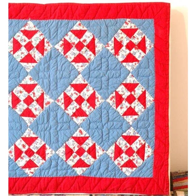 1930s red, white and blue doll quilt in mint condition and wonderful geometries.