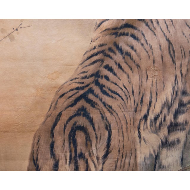 Tan Fine Antique or Vintage Chinese Watercolor Scroll Painting of Tiger on His Daily Walk For Sale - Image 8 of 18