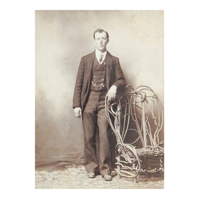 Antique Cabinet Card Photograph Handsome Man Studio Curly Willow Chair For Sale
