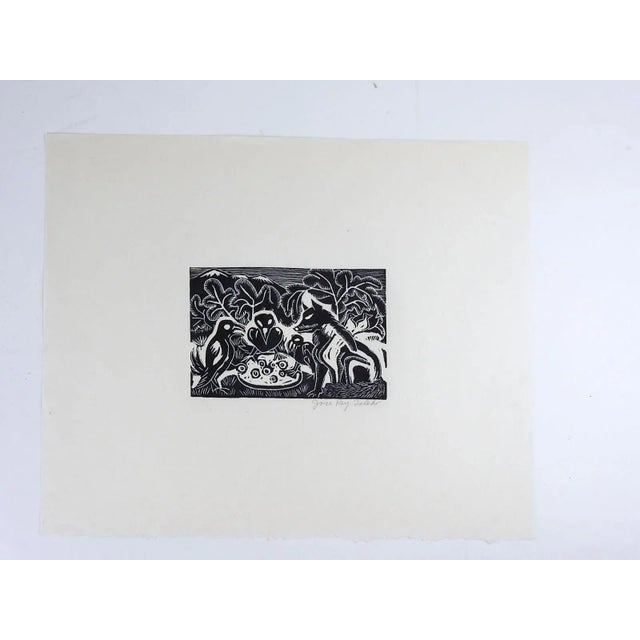 Illustration Vintage Mid 20th Century Jose Rey Toledo Raven Crow Wolf Woodcut For Sale - Image 3 of 4