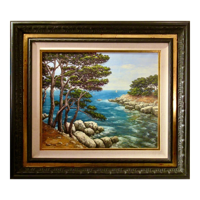 Rene Dulieu Coastal Scene Of The French Riviera C. 1960 Painting For Sale