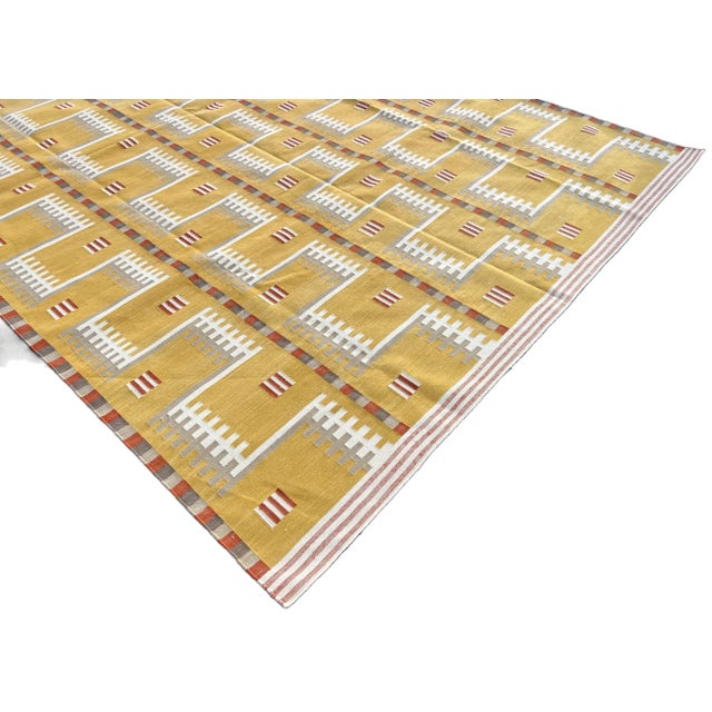 Handwoven Cotton Area Rug Natural Vegetable Dyed Mustard Beige Cream & Red Marianne Geometric Dhurrie - 6'x9' For Sale - Image 6 of 11