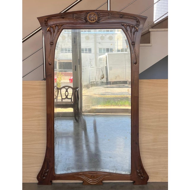 French Art Nouveau Carved Wood l Mantle Wall Mirror Glass Embossed For Sale - Image 16 of 18
