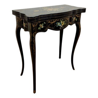 Chinese Black Lacquer Games Table with Hand-Painted Floral Decoration For Sale