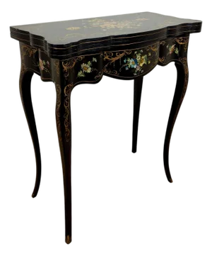 Chinese Black Lacquer Games Table with Hand-Painted Floral Decoration