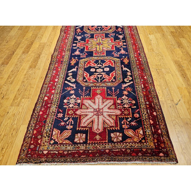 Textile Vintage Persian Hamadan Gallery Rug, Hand-Knotted Wool, Geometric Bird Motifs Design, Navy & Red, 5’ X 11’ For Sale - Image 7 of 14