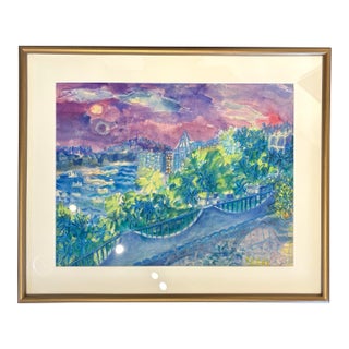 Vintage Mixed Media Watercolor Painting of Mexican Cityscape in Gold Framed by Molly Schiff For Sale