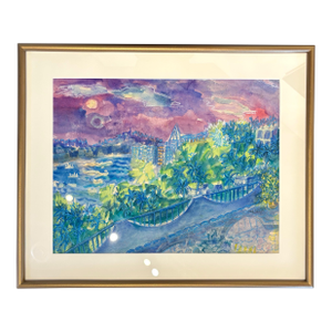 Vintage Mixed Media Watercolor Painting of Mexican Cityscape in Gold Framed by Molly Schiff