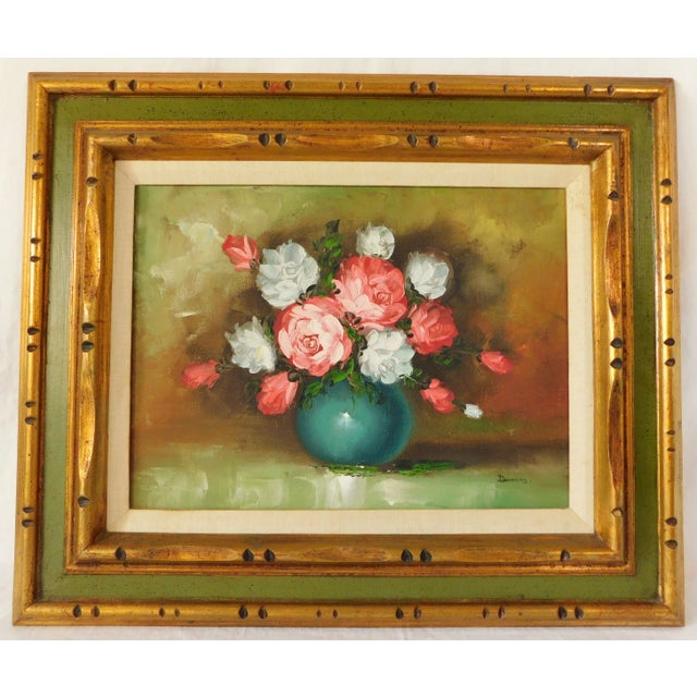 Wood Vintage Mid Century Signed Floral OIl Painting Solid Wood Green & Gold Frame For Sale - Image 7 of 12