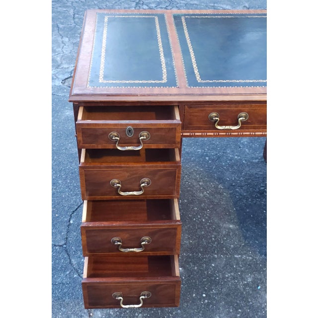 Wood Hespeler Furniture Chippendale Mahogany Inlays and Green Leather Top Desk For Sale - Image 7 of 12
