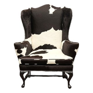 Vintage Kittinger 'Old Dominion' Dark Brown and White Hair-on Cowhide Wing Chair Custom Made in 1973 For Sale