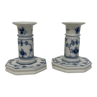 Pair of Late 20th Century Royal Copenhagen Blue Fluted Floral Pattern Porcelain Candle Holders/Candlesticks For Sale