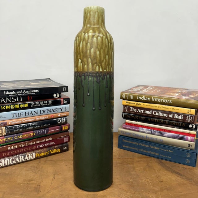 Rustic Two-Tone Green Ceramic Vase with Mustard Drip Glaze Accent For Sale - Image 3 of 9