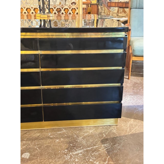 Jean Claude Mahey Style Black Lacquered and Brass Dresser For Sale - Image 4 of 8