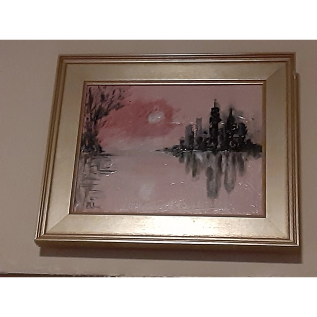 Original signed Celeste Plowden painting on canvas. Framed in Contemporary Silver gilt frame after purchase.