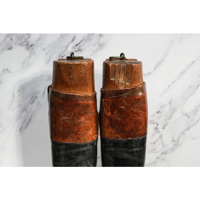 English Authentic Brown & Black Antique English Leather Riding Boots Wood Tree Forms Horse Equestrian Country Home Decor Prop For Sale - Image 3 of 9