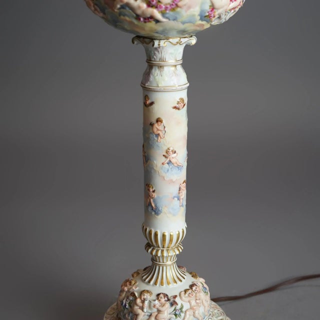 Antique Classical Italian Embossed Porcelain Cherub Table Lamp, Circa 1920 For Sale - Image 6 of 11