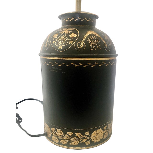 Pair of Antique Tole Brown and Gilt Decorated Tea Canisters as 20th-Century Lamps For Sale - Image 11 of 13