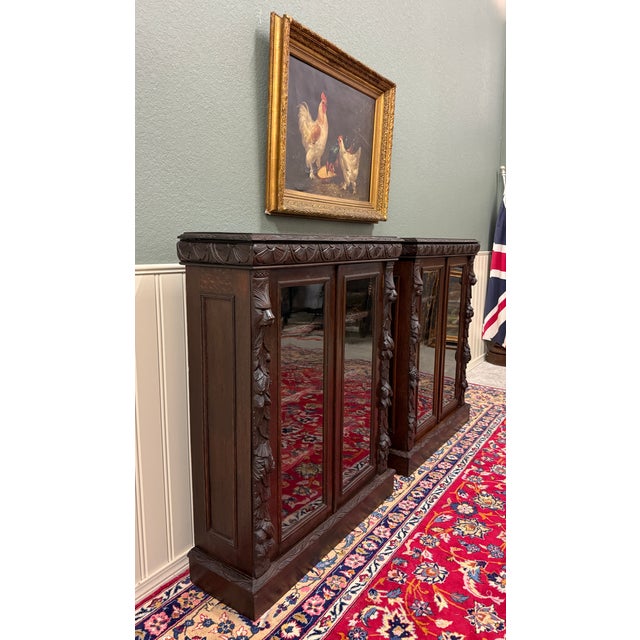 Antique French Pair of Renaissance Carved Bookcases Display Cabinets Oak c.1900 For Sale - Image 4 of 18