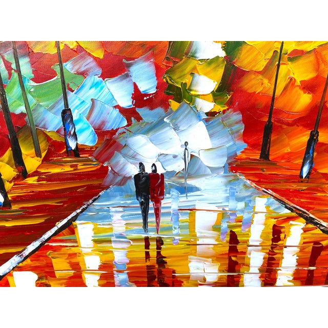 A stunning, large-scale original oil painting by Leonid Afremov depicting a couple strolling down a vibrant city street....