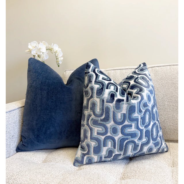 Art Deco Blue Groove 20x20 Velvet Pillow With Feather Down Insert For Sale - Image 3 of 7