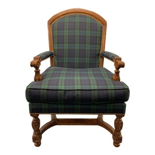 Vintage Tartan Plaid Nailhead Studded High Back Chair For Sale