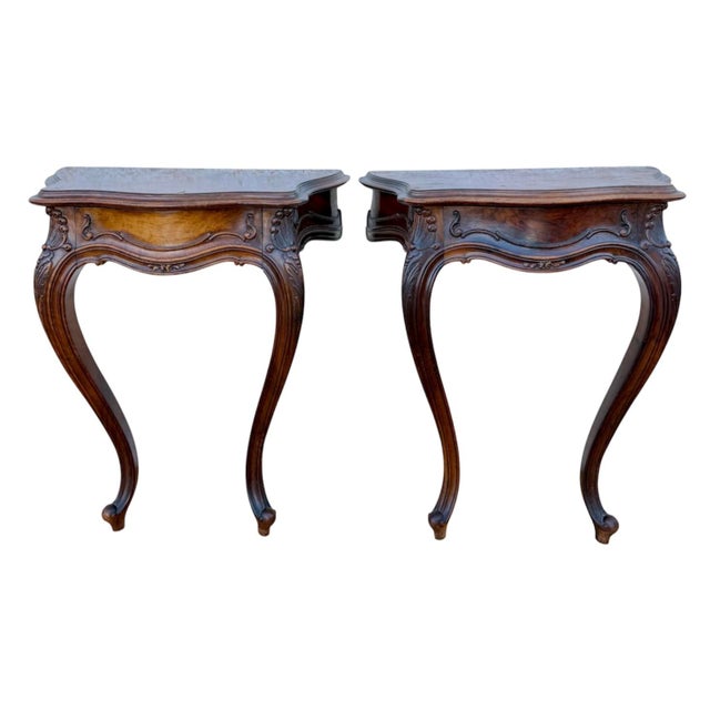French Louis XV Style Walnut Wall-Mounted Bedside Tables, 1930, Set of 2 For Sale - Image 16 of 16