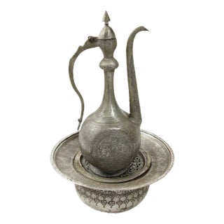 Vintage Afghan Engraved Pitcher and Basin Set in Copper, 1920s For Sale